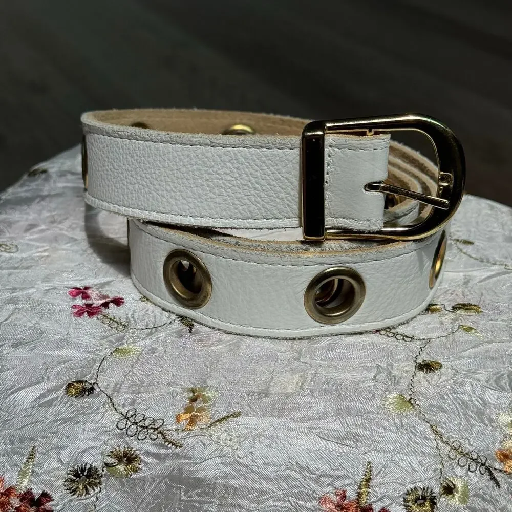Bebe Genuine Leather White Grommet Belt Women's Gold Hardware Y2K Statement L 43